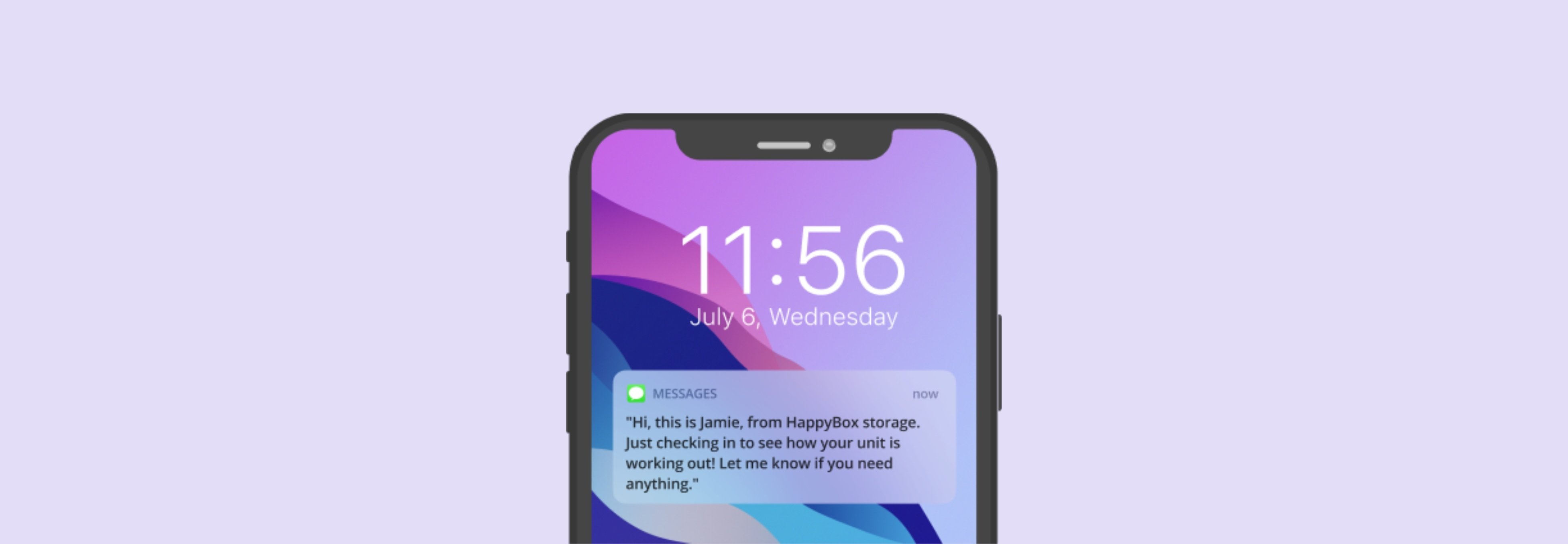 A renter receives a text from a self storage manager as a check-in during contactless check-in.