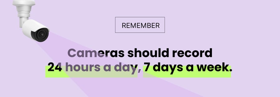 Picture with a security camera that says 'Remember: Cameras should record 24 hours a day, 7 days a week.'