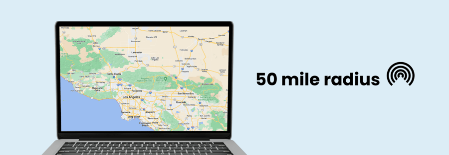 Image of a map on a laptop with title '50 mile radius' 
