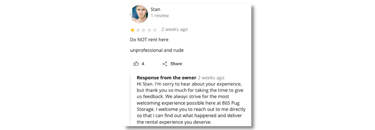 A negative Google review with a positive response from the owner