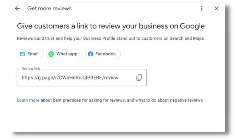Screenshot of the "Give customers a link to review your business on Google" pop-up