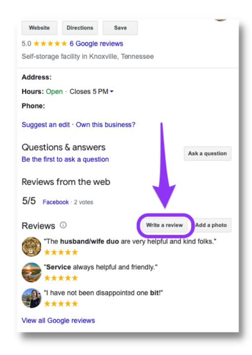 Screenshot of a GBP page with an arrow pointing to the "Write a review" button