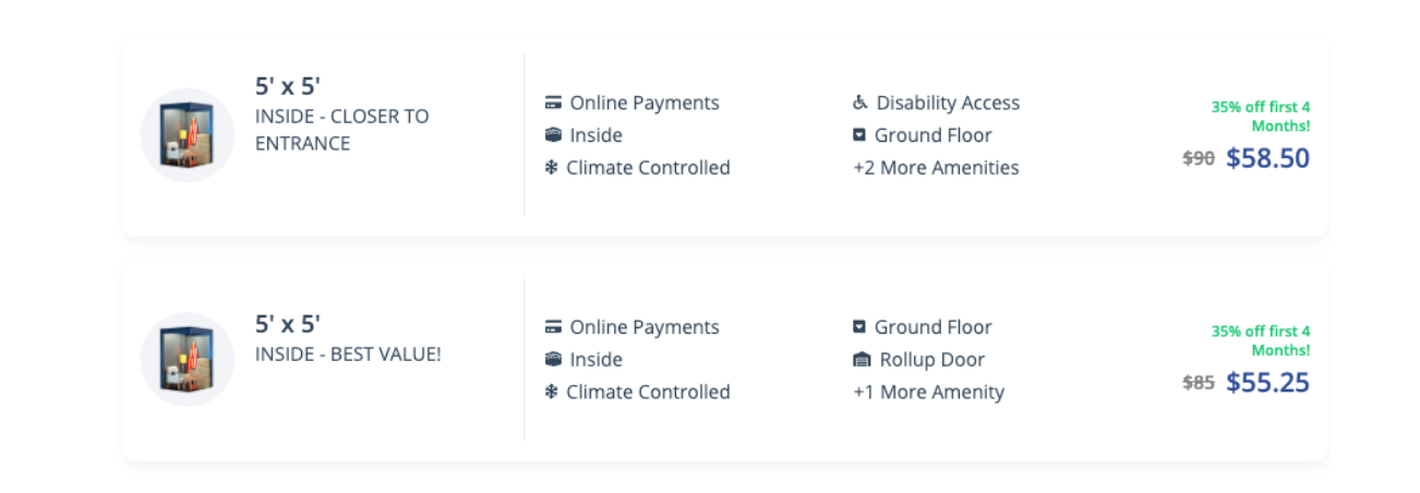 an example of strikethrough pricing on a website with new rates for two 5 x5 units