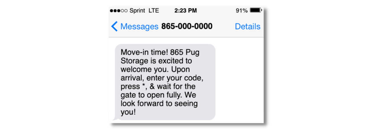 A text message from 865-000-0000 showing an example of a move-in text