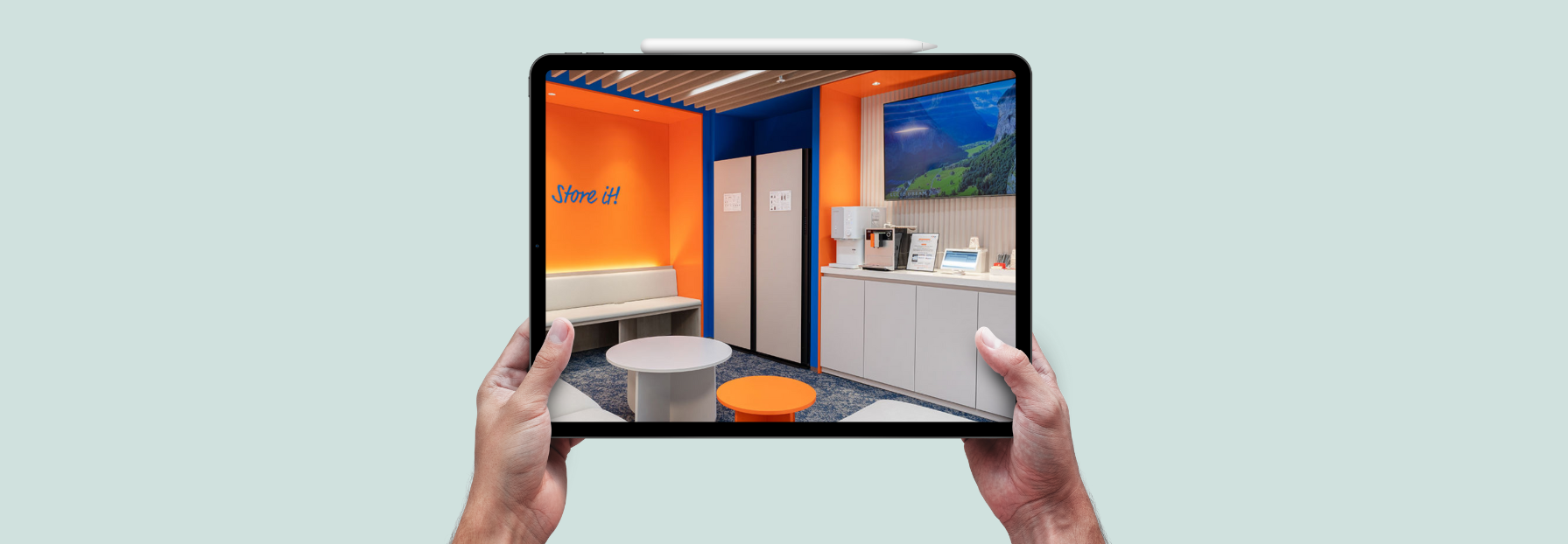 a person holding a tablet with an image of a south korean storage lounge