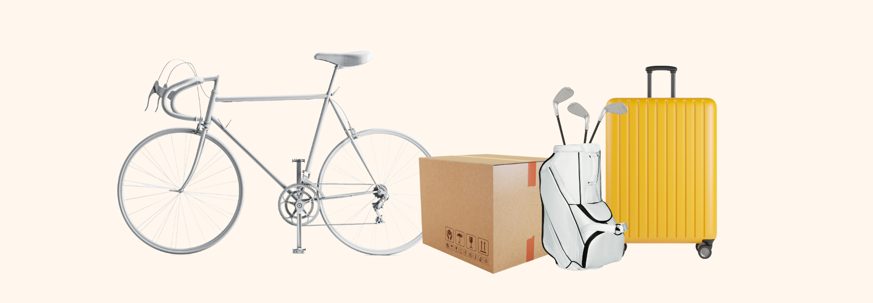 bike, box, gold clubs, and suitcase