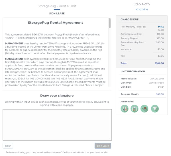 Storage Pug lets your tenants sign their self storage lease on your website.