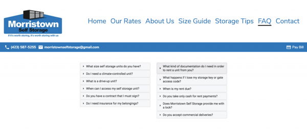 Morristown Self Storage FAQ desktop responsive size