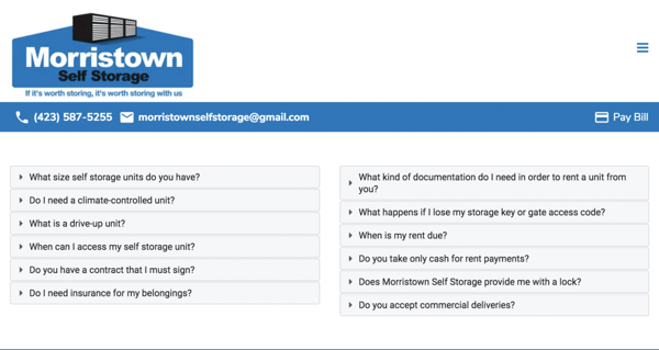 Morristown Self Storage FAQ tablet responsive size