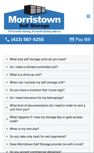 Morristown Self Storage FAQ mobile responsive size