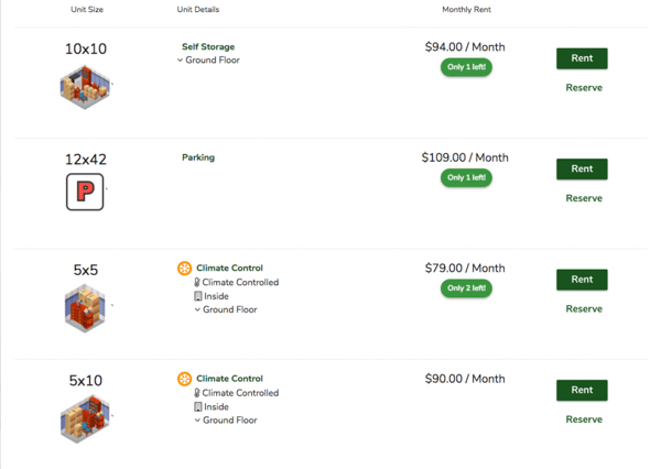 Urgency badges on Rocky Hill Storage's website.