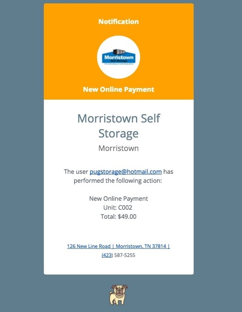 Storage Pug alerts the storage facility when a New Online Payment happens on their website.