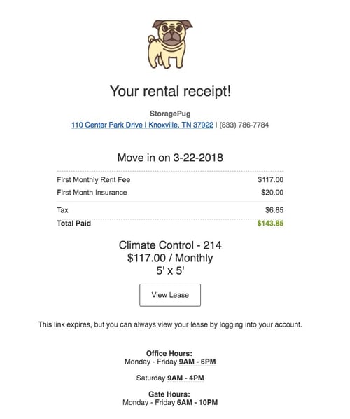 Storage Pug sends a confirmation email to the tenant that rented a storage unit and also the facility manager.