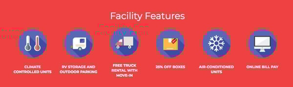 The facility feature icons on Ray Self Storage's website. These icons are able to engage web visitors without them reading.