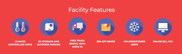 The facility feature icons on Ray Self Storage's website. These icons are able to engage web visitors without them reading.