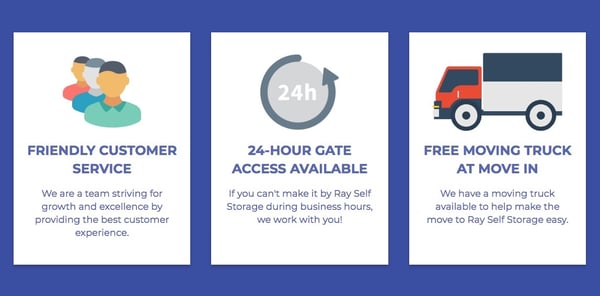 StoragePug's self storage web design team created icons so web visitors can easily learn about Ray Self Storage