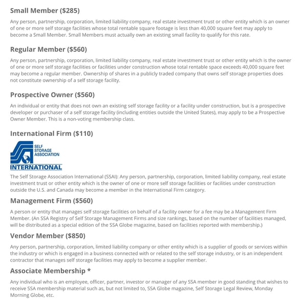 Self Storage Association Pricing Chart