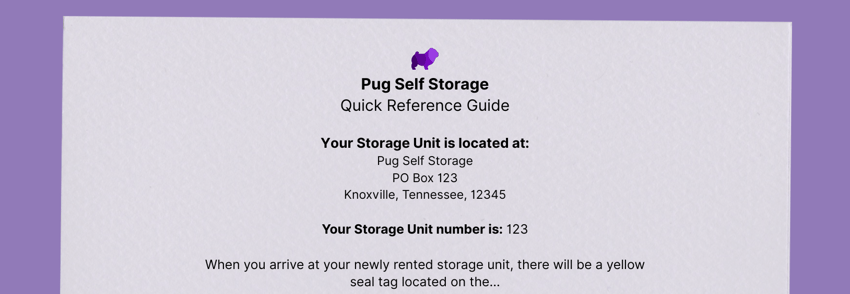 A sample welcome letter for a new self storage tenant. It includes information about where the storage unit is located at, the storage unit number, and information about the seal tag on the unit door.