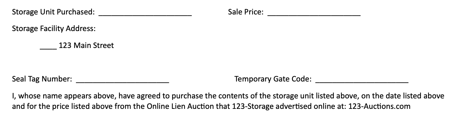 Snippet of Self Storage Sale Lien Form
