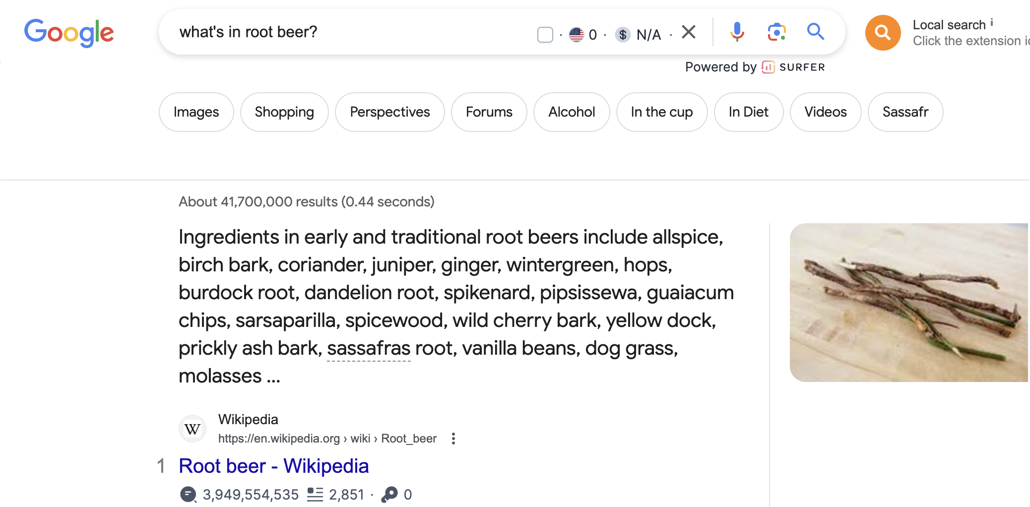 Example of a search result page "what's in root beer?"
