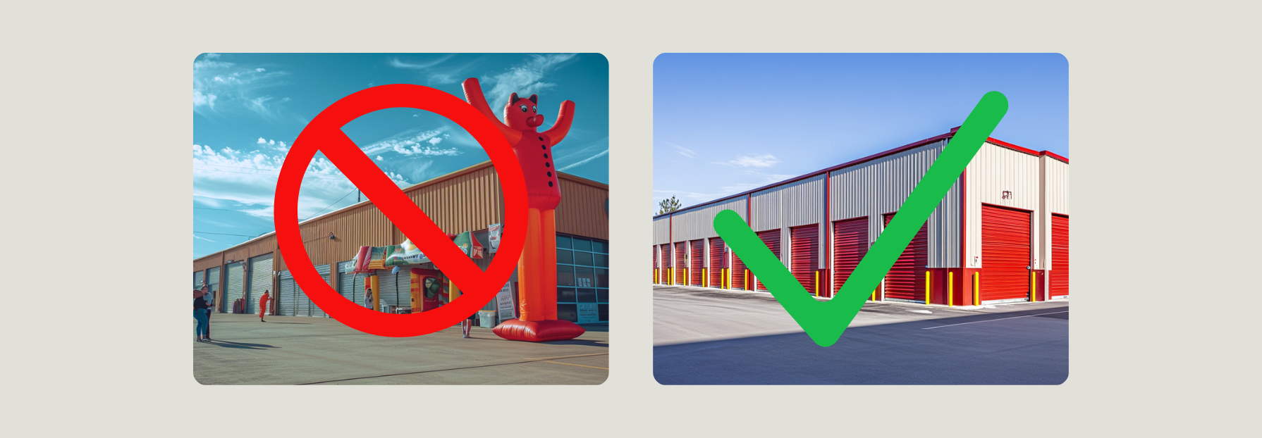 A storage facility using gimmicks for curb appeal beside a clean, well-maintained storage facility with real curb appeal.