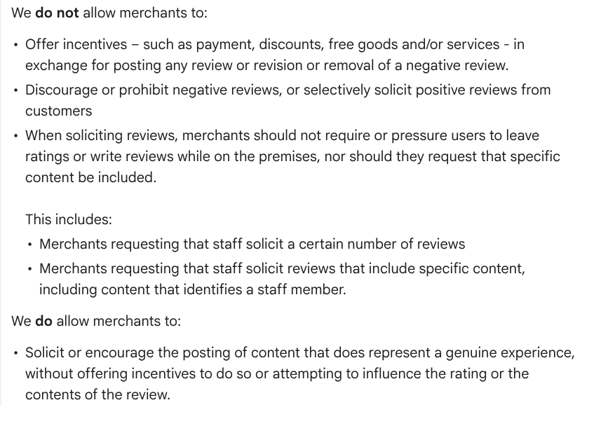 Screenshot of Google's full review request policy