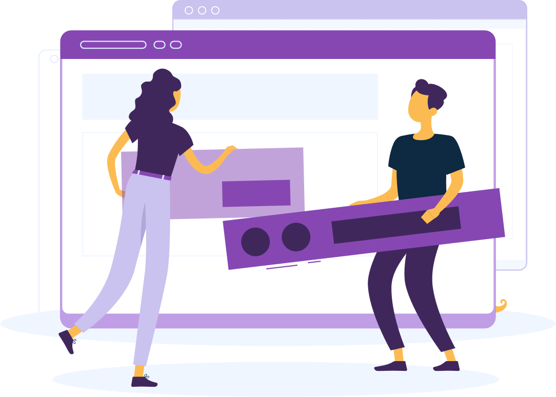 Illustration of man and woman constructing a website.