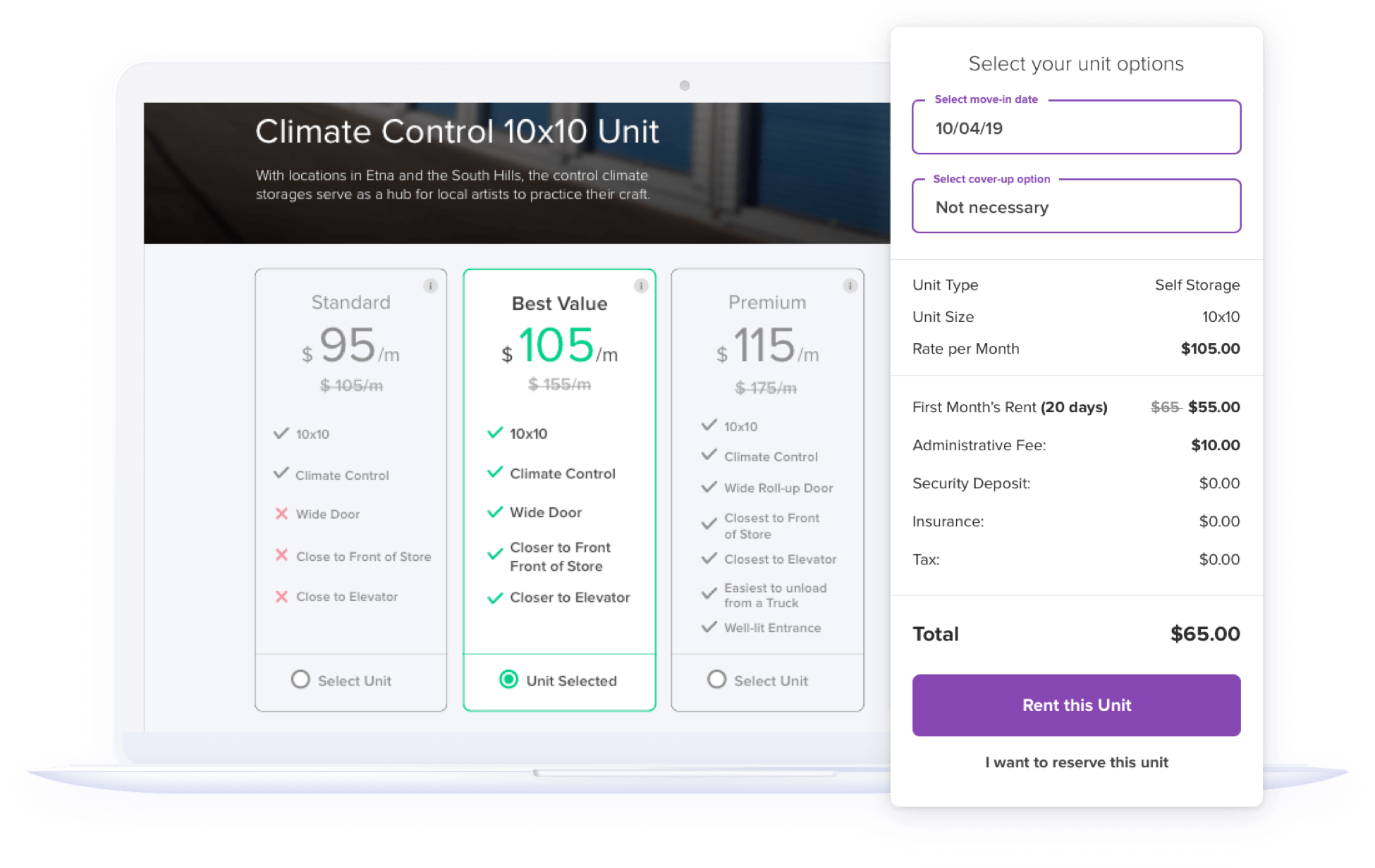 Client's unit page with value based pricing.