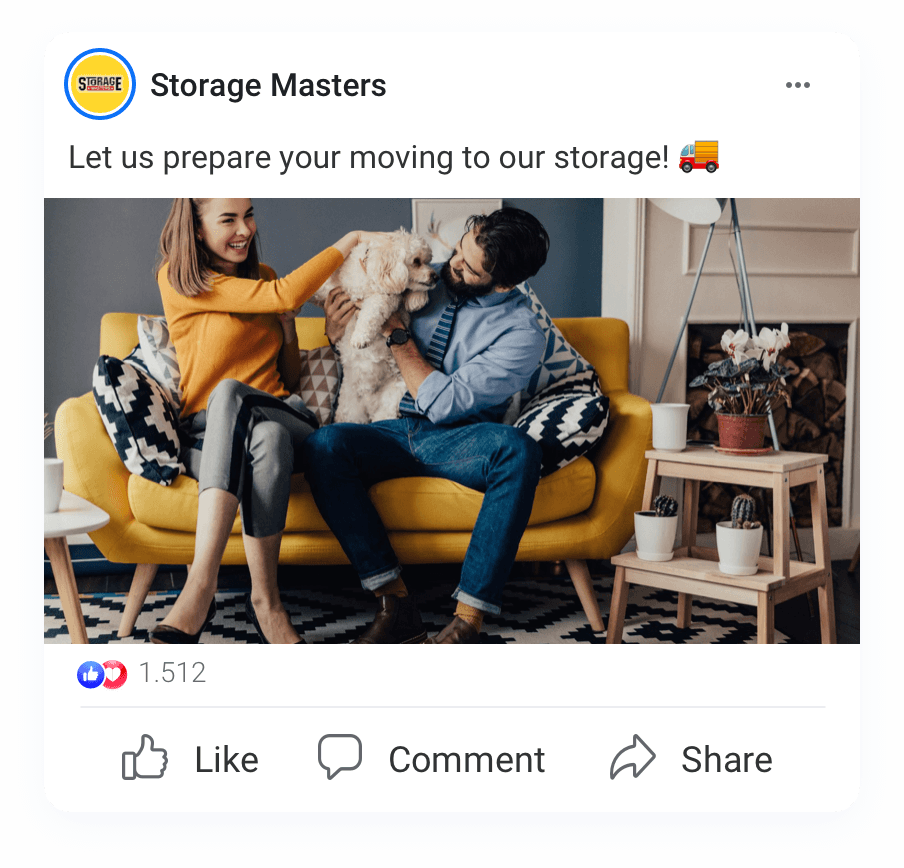 Storage Masters' social media post of happy couple sitting on a yellow couch.