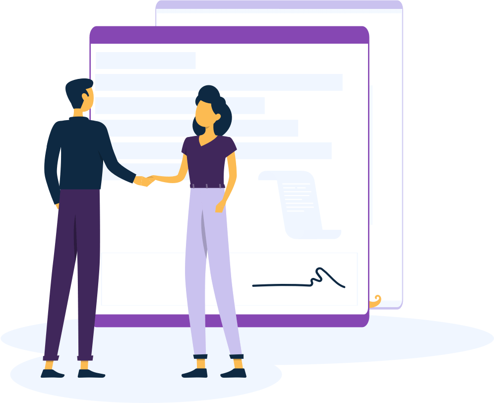 Illustration of businessman shaking a female client's hand. 