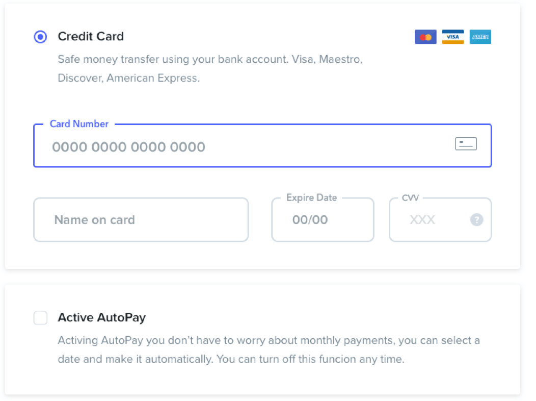 Credit card form with autopay checkbox. Credit card form with autopay checkbox.